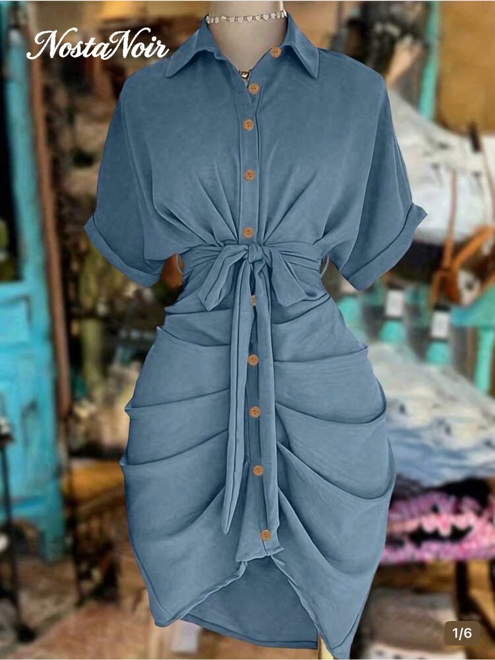 SHEIN Slate Blue Button-Front Tie-Waist Mini Dress